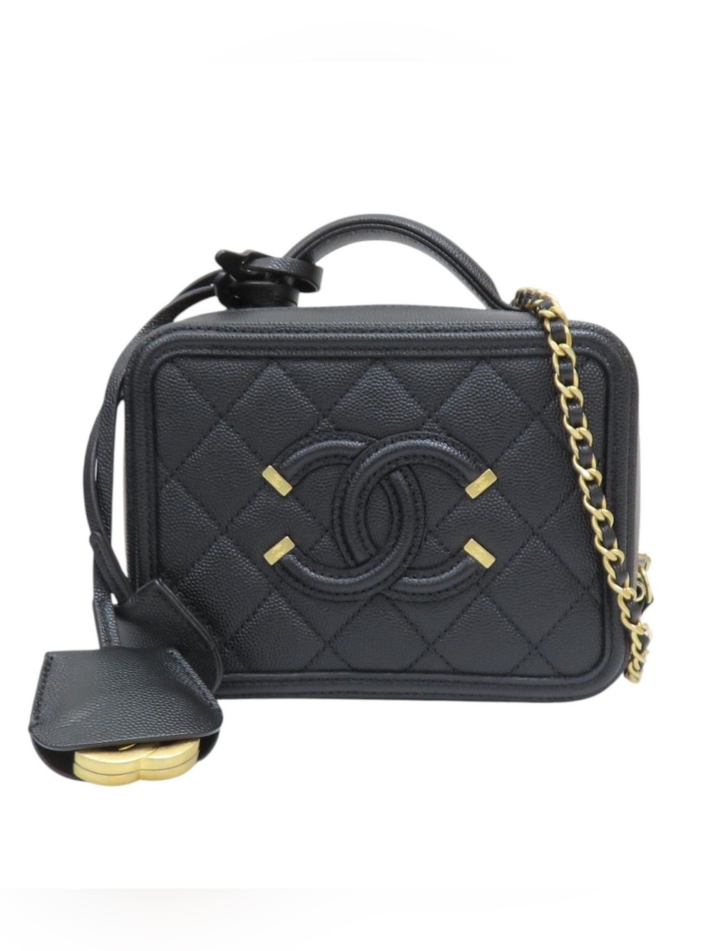 ✨🛍️ Chanel Black Quilted Caviar Leather CC Filigree Vanity Case Small